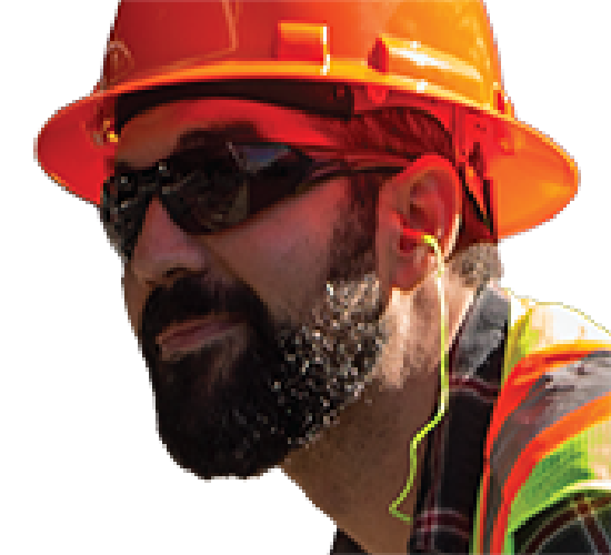 Viking industrial product image of worker wearing a orange hard hat and wearing safety glasses