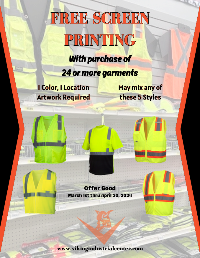 Flyer promoting a free screen printing offer when you buy a hi vis vest